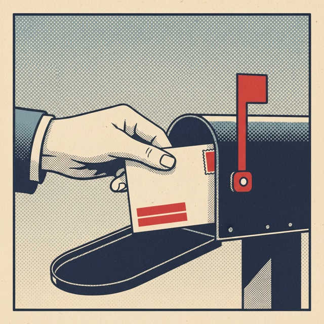 illustration of a hand pulling a postcard from a mailbox