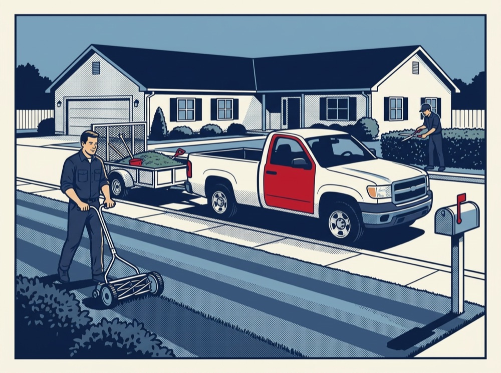 illustration of a lawn crew mowing striped lines with their truck and trailer at the curb