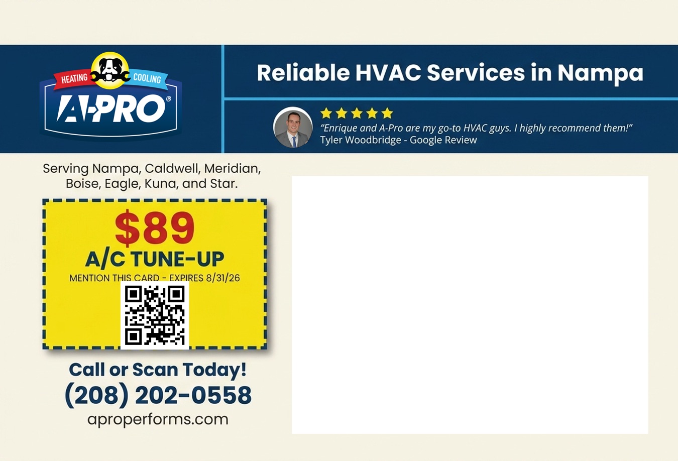 back of A-PRO Heating and Cooling postcard: $89 A/C tune-up coupon, five-star review, and USPS address block