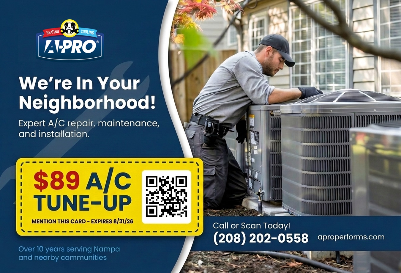 A-PRO Heating and Cooling postcard front: we're in your neighborhood, $89 A/C tune-up