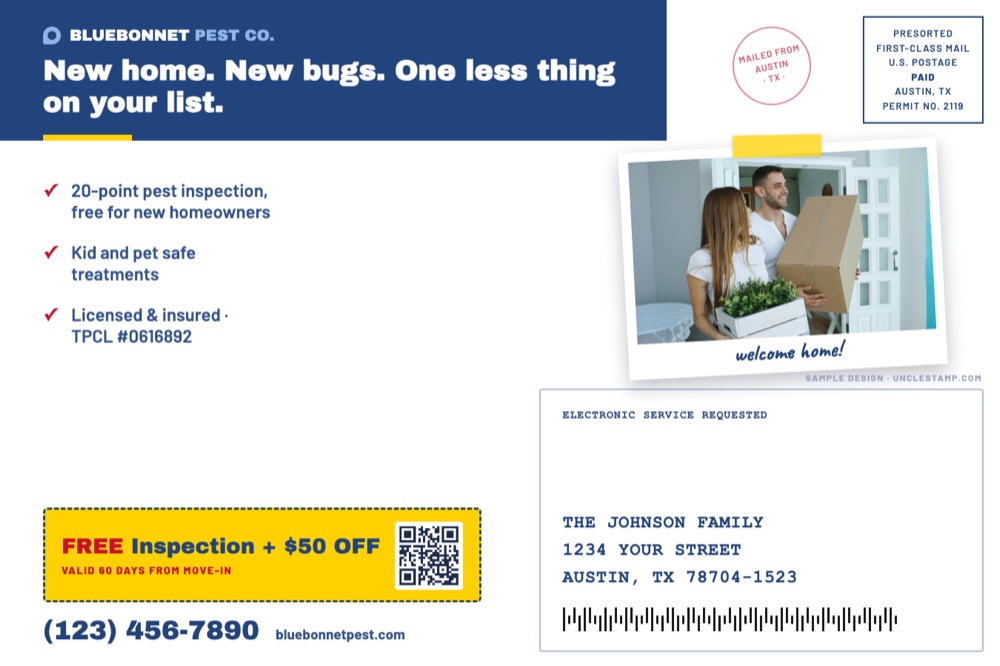 the new mover card: welcome to the neighborhood postcard back example with offer and tracking