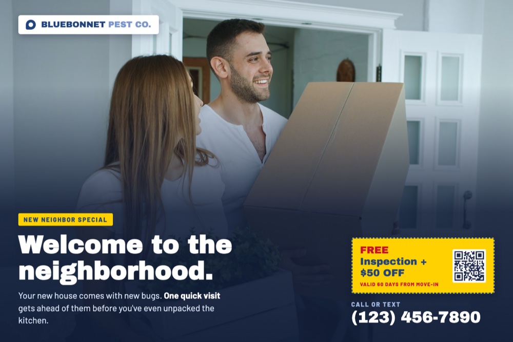 the new mover card: welcome to the neighborhood postcard front example for pest control companies