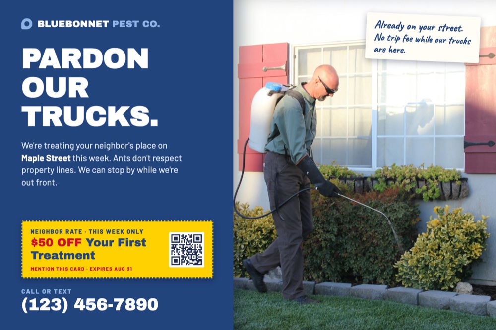 the radius card: &ldquo;pardon our trucks&rdquo; postcard front example for pest control companies