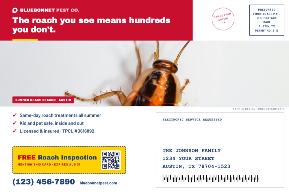 the seasonal card: summer roach blast postcard back example with offer and tracking