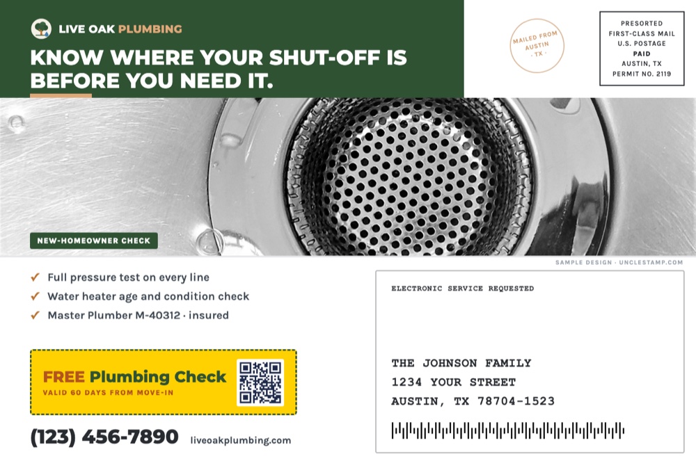 back of new homeowner plumbing check postcard