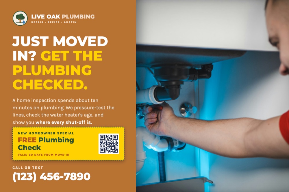 plumbing postcard example: just moved in, get the plumbing checked