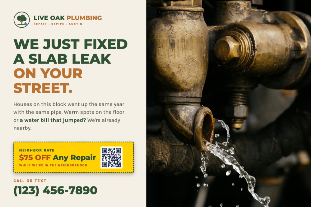 plumbing postcard example: we just fixed a slab leak on your street