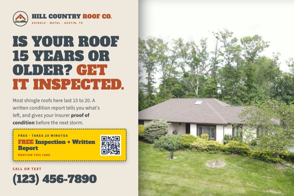 roofing postcard example: is your roof 15 years or older, get it inspected