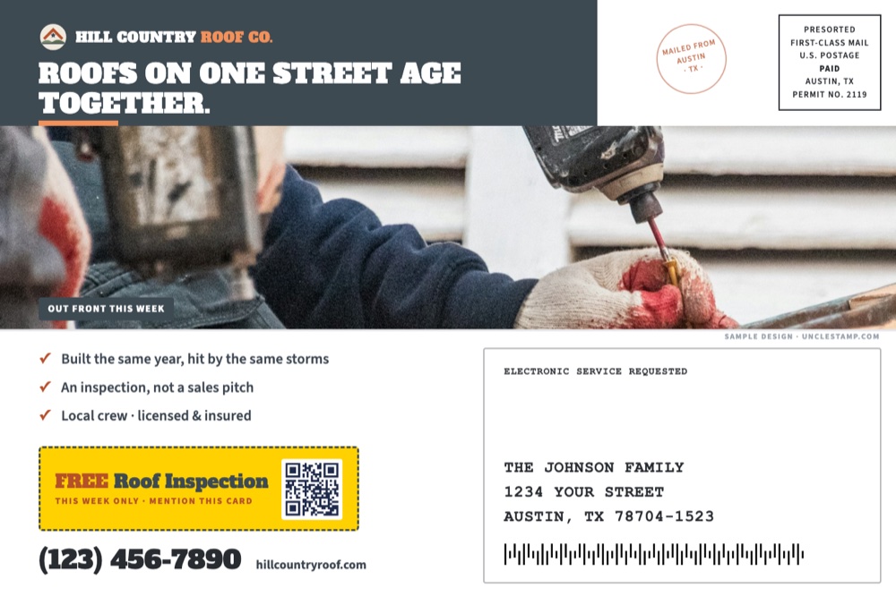 back of roofing street radius postcard