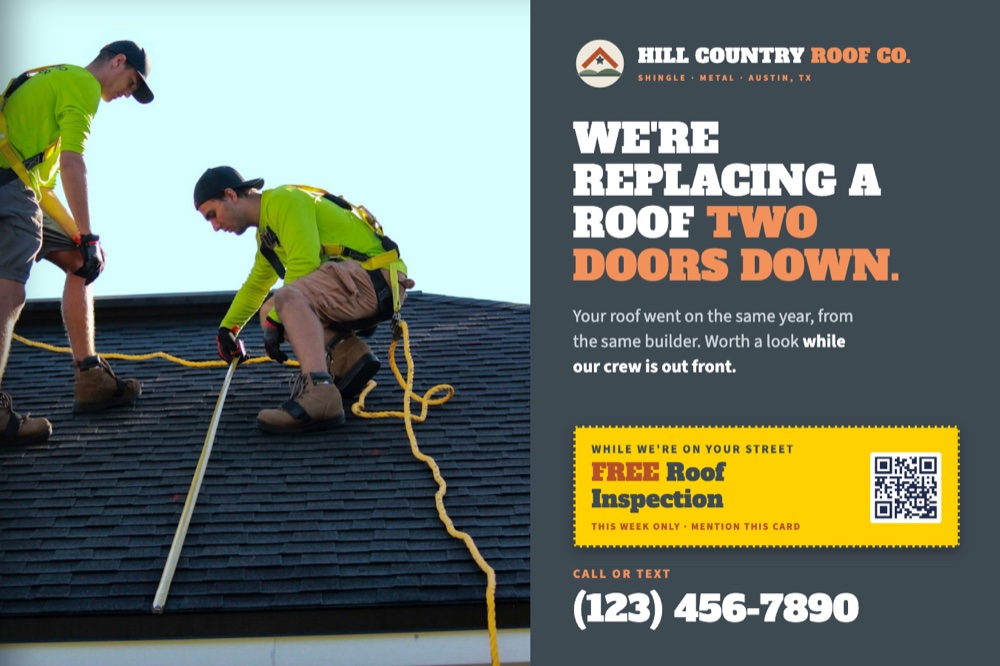 roofing postcard example: we're replacing the roof on your street